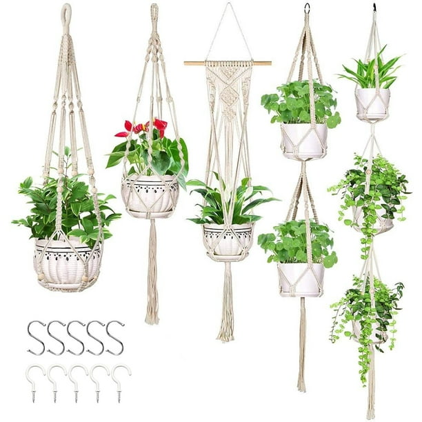 5 Pack Macrame Plant Hangers with 10 Hooks Brown Handmade Cotton Rope Hanging Planters Set Flower Pots Holder Basket Stand for Indoor Outdoor Boho Home Decor